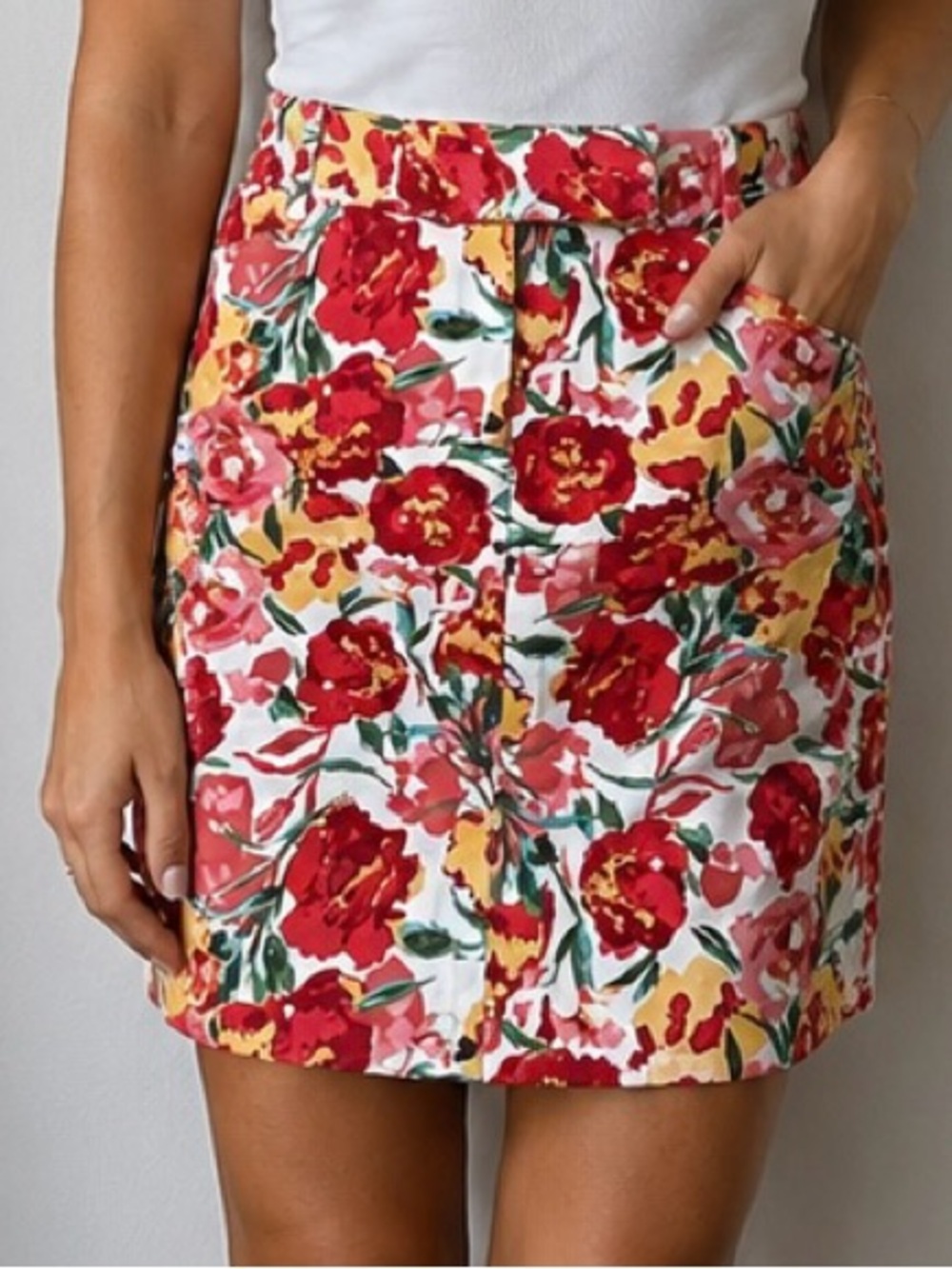 LOFT Floral Pencil Mini Skirt White Red Pink Yellow Petite 4P